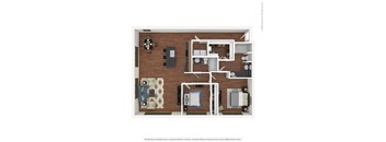 2x2 B2 a stylized floor plan with a bedroom and living room