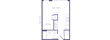 A floor plan of a small apartment with a living and dining area, a sleeping area, and a bathroom.