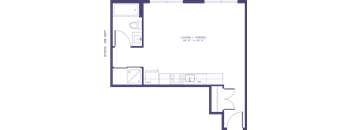 A floor plan of a living or dining area with a kitchen and a bathroom.