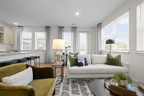 A living room with a green armchair and a white sofa.