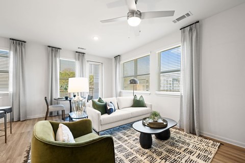 A living room with a green armchair, a white sofa, and a patterned rug.