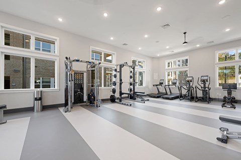 A spacious home gym with a variety of exercise equipment.