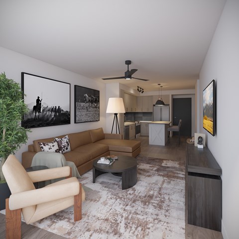 A living room with a brown couch, a chair, a coffee table, and a rug.