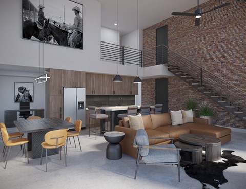A modern living room with a brick wall and a cowhide rug.