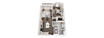 A floor plan of a two-bedroom apartment with a living room, kitchen, and bathroom.