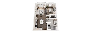 A floor plan of a house with a living room, dining room, kitchen, and two bedrooms.