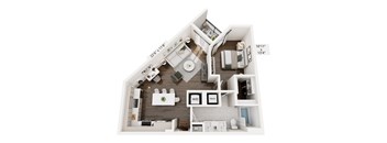 A top-down view of a house floor plan with a kitchen, living room, and bathroom.