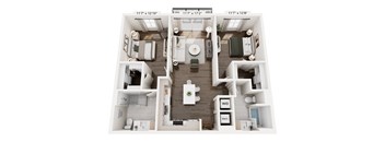 A 3D floor plan of a small apartment with a living room, kitchen, and bathroom.