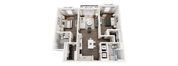 A floor plan of a two-bedroom apartment with a living room, kitchen, and bathroom.