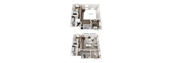 A floor plan of a two-bedroom apartment with a living room, kitchen, and bathroom.