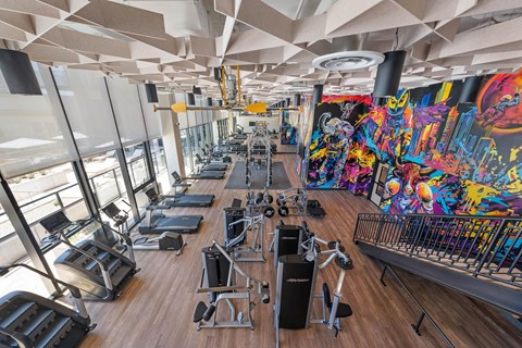 A gym with a variety of equipment and a colorful mural on the wall.