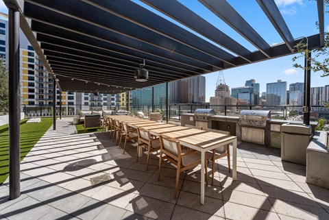 Outdoor long table with chairs, BBQ grills by the pool