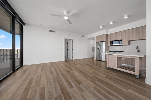 Interior kitchen and living area, ceiling fan