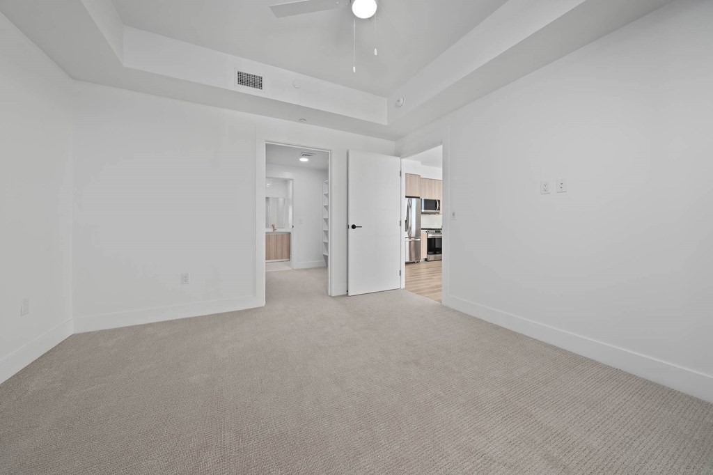Interior bedroom ceiling fan, carpet