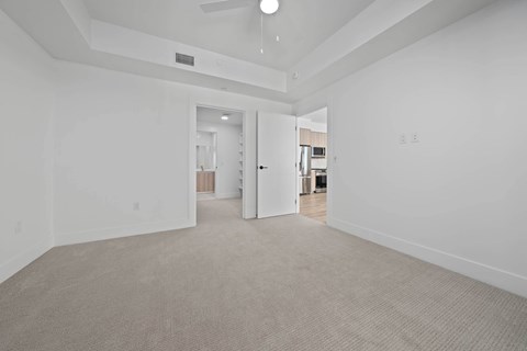 Interior bedroom ceiling fan, carpet