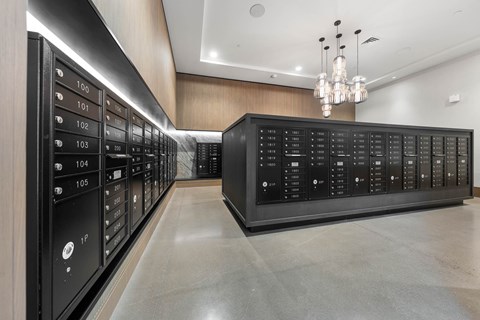 Interior mail room with ceiling lighting