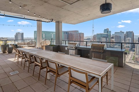Outdoor long table with chairs, BBQ grills by the pool