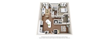 A 3D floor plan of a house with a kitchen, living room, and two bedrooms.
