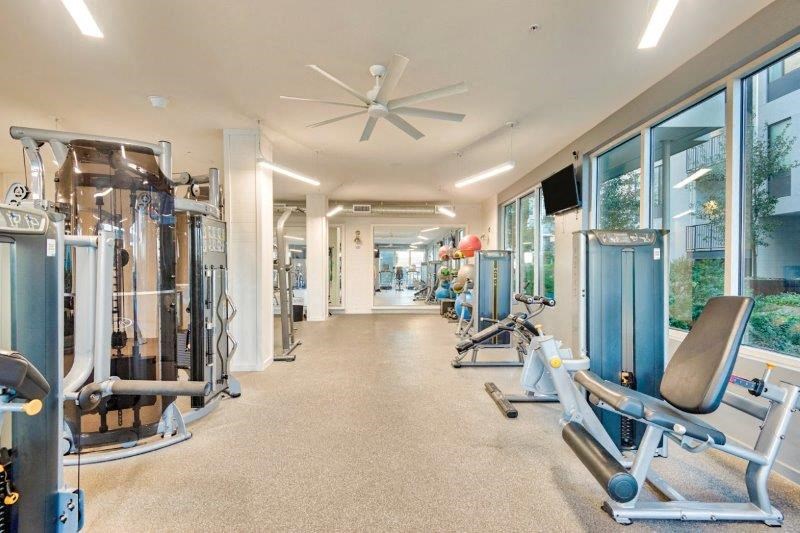 a gym with weights and cardio equipment in a large room