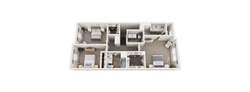A 3D floor plan of a house with a kitchen, living room, bedrooms, and bathrooms.