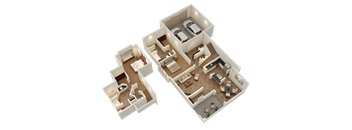 A 3D floor plan of a two-story residential building.