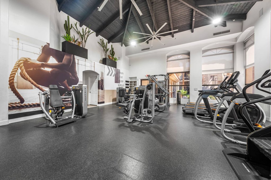 A gym with treadmills, exercise bikes, and other equipment.