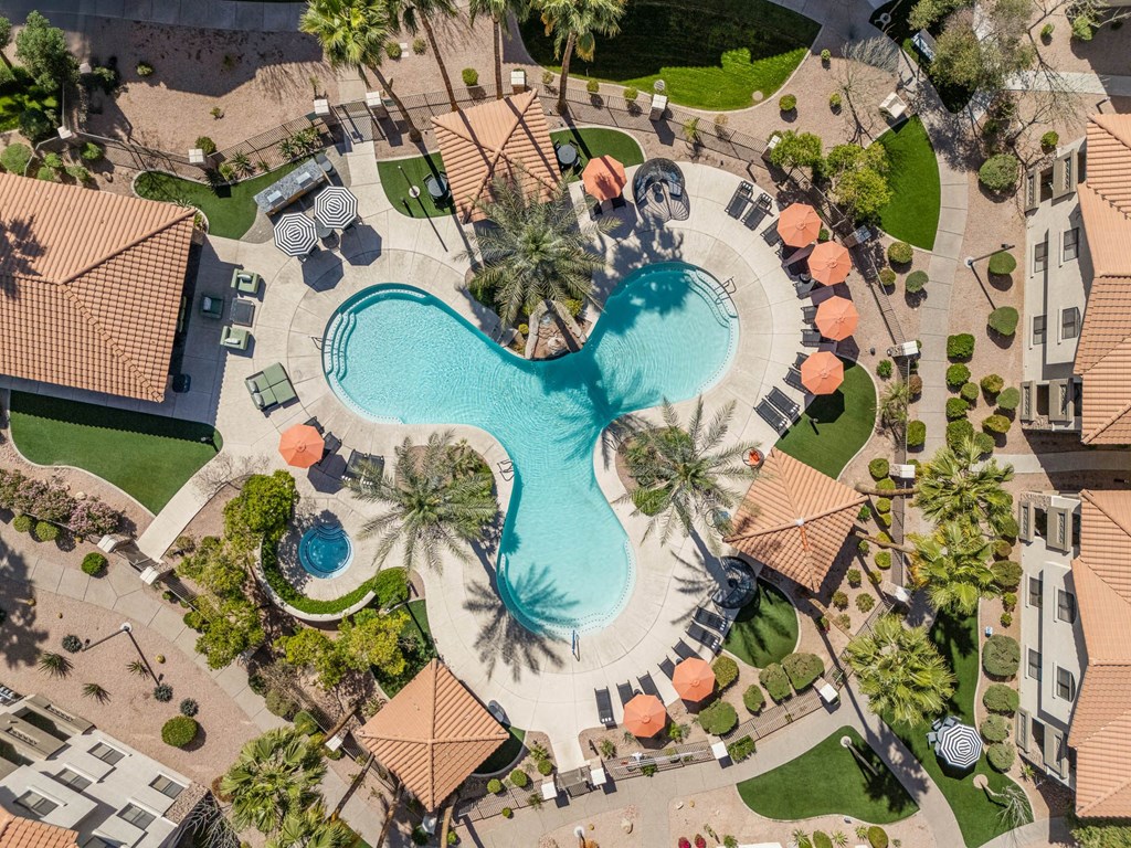 A large swimming pool surrounded by palm trees and orange sun loungers.