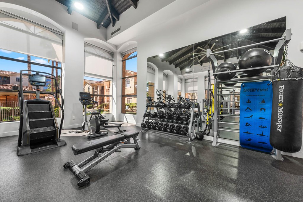 A gym with a variety of equipment including a treadmill, weights, and a punching bag.