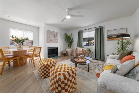 a living room with a couch and a table