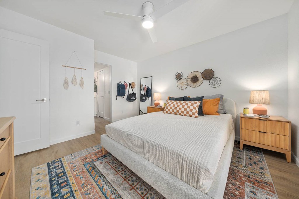 a bedroom with a bed and a closet