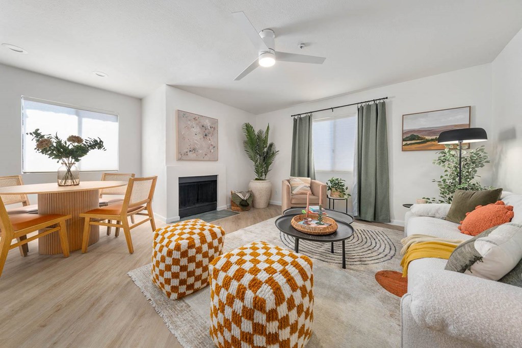 a living room with a couch and a table