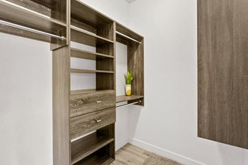 A wooden shelf with drawers and a plant on top.
