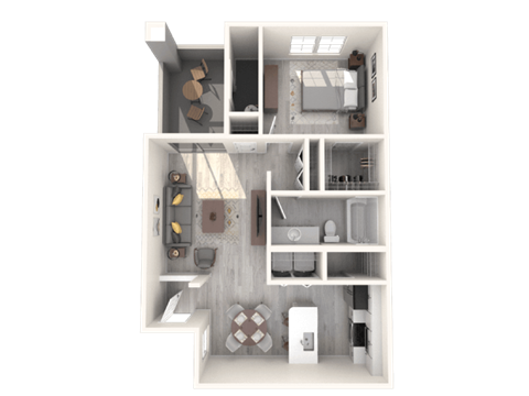 A 3D floor plan of a small apartment with a kitchen, living room, and bathroom.