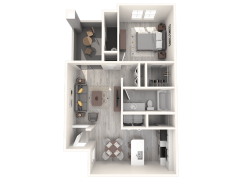 A 3D floor plan of a small apartment with a kitchen, living room, and bathroom.