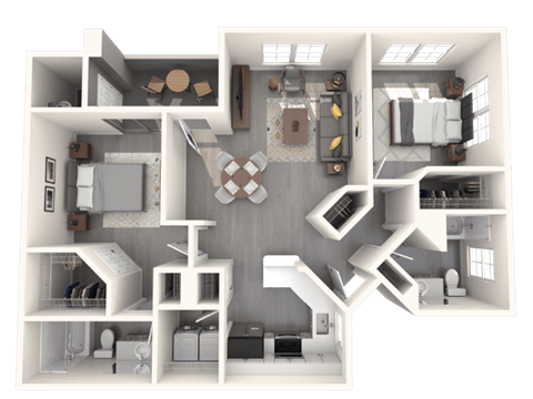 A 3D floor plan of a house with a kitchen, living room, and two bedrooms.