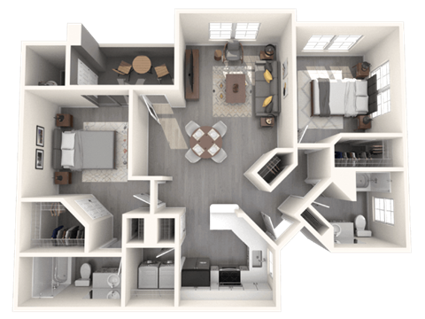 A 3D floor plan of a house with a kitchen, living room, and two bedrooms.