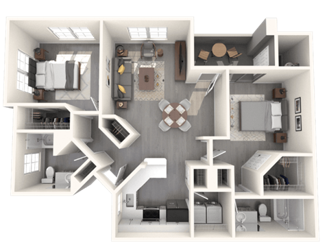 A 3D floor plan of a house with a kitchen, living room, and two bedrooms.