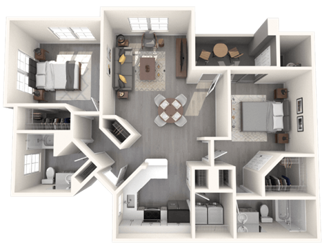 A 3D floor plan of a house with a kitchen, living room, dining room, and bedrooms.