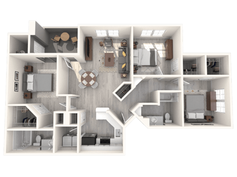 A 3D floor plan of a house with a kitchen, living room, and bedrooms.