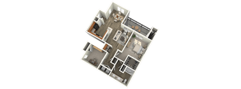 A 3D floor plan of a house with multiple rooms and furniture.