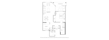 A floor plan of a house with a living room, dining room, kitchen, bathroom, and storage.