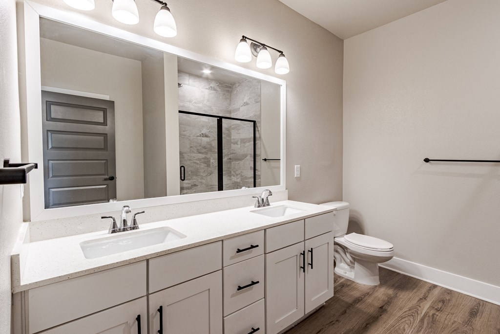 A bathroom with a white countertop and a large mirror above it.