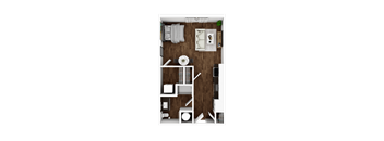A top-down view of a room with a couch, chairs, a table, and a television.