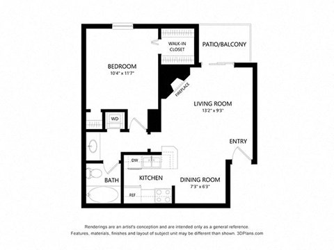 1 bed 1 bath 622 sq ft floorplan layout