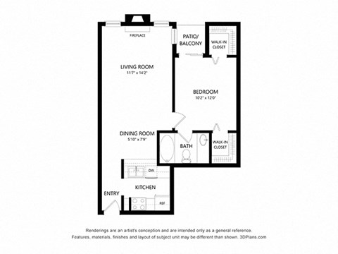 1 bed 1 bath 630 sq ft floorplan layout