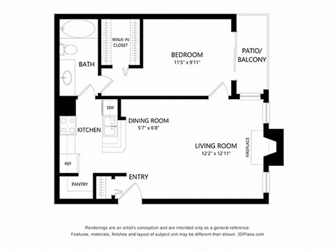 1 bed 1 bath 656 sq ft floorplan layout