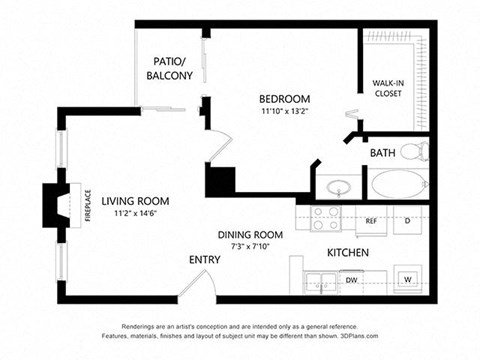 1 bed 1 bath 676 sq ft floorplan layout