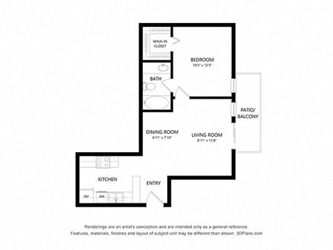 1 Bed 1 Bath 566 sq ft floorplan layout