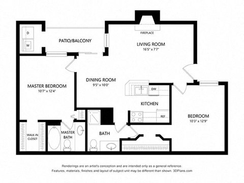 2 bed 2 bath 892 sq ft floorplan layout