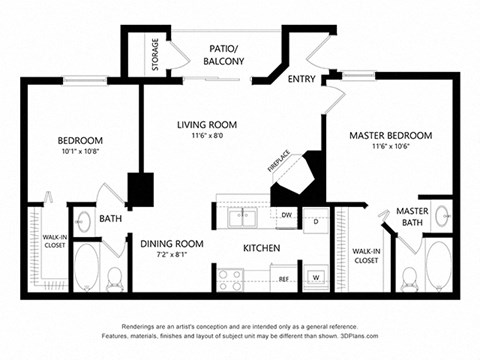 2 bed 2 bath 925 sq ft floorplan layout